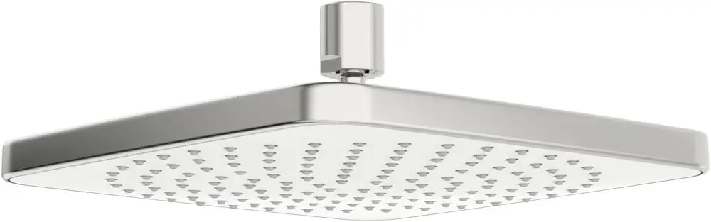 Kopfbrause in chromfarbener Ausführung von HANSA, quadratisch mit einer flachen Oberfläche und mehreren Düsen für gleichmäßige Wasserverteilung.